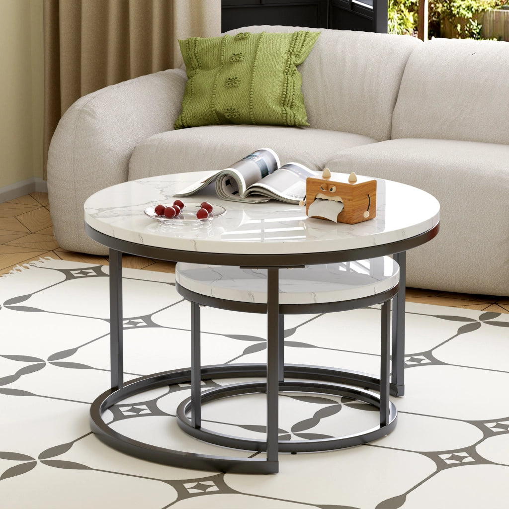Set di 2 tavolini da salotto rotondi a incastro 70 e 45 cm in MDF e metallo; nero e bianco