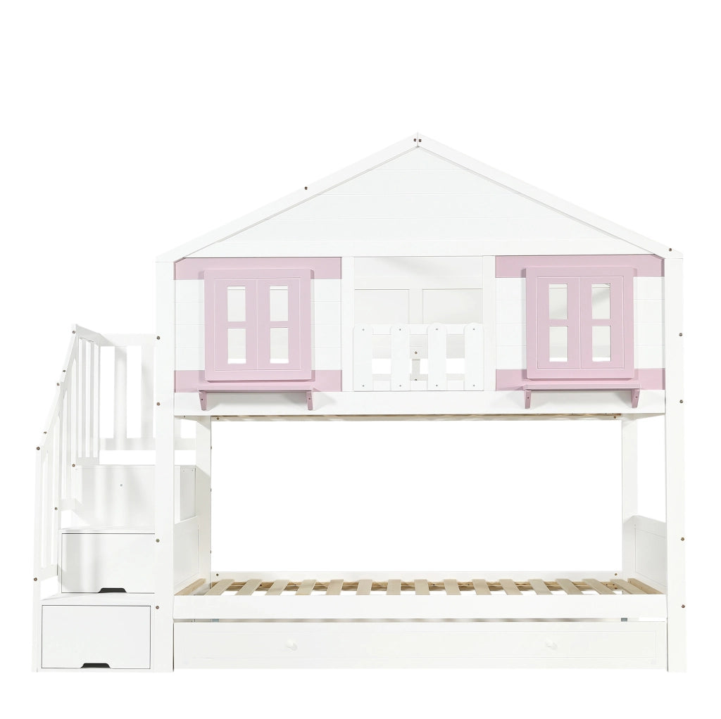 Letto a castello per bambini con letto estraibile e scala contenitore; 90x200 cm; bianco e rosa