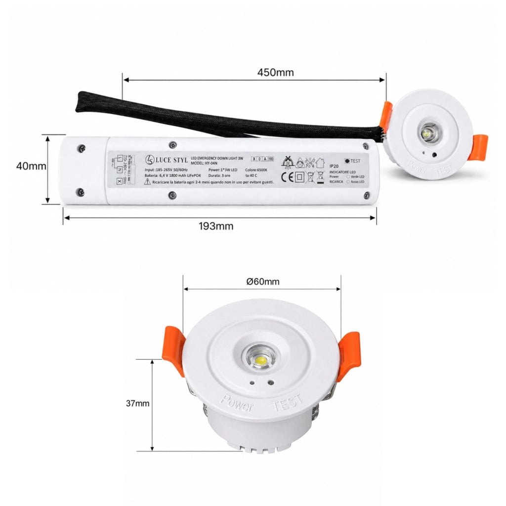 Mini Faretto Led Emergenza da Incasso 3W 250lm 3 Ore D60X37mm Foro 42mm, Bianco 6500K, Modalità SA/SE, Batteria LiFePO4 6,4 V 1800mAh