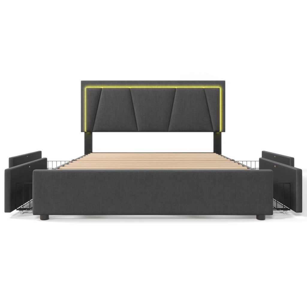 Letto 140x200 cm con LED, 4 cassetti e testiera regolabile grigio
