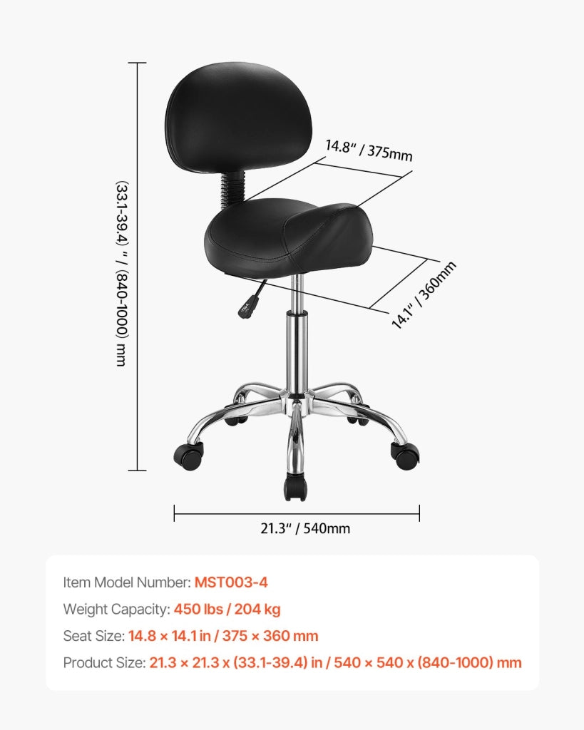 Sgabello da Sella con Ruote e Schienale MST003-4, Sedia Ergonomica Girevole Regolabile in Pelle PU, Portata 204 kg, Nero