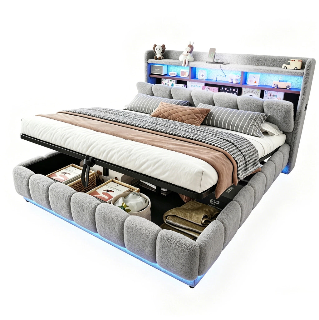 Letto imbottito 180 × 200 cm con contenitore idraulico; LED; USB e presa; bouclé grigio