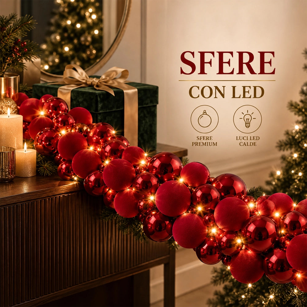 Ghirlanda Natalizia Festone 180cm 142 Sfere e Led Addobbo Lucido e Velluto Rosso