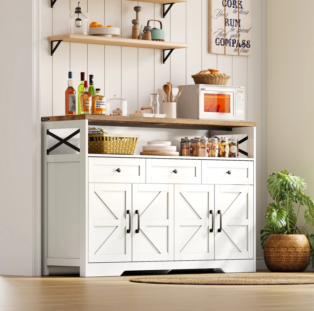 Credenza buffet 140x35x95 cm con 3 cassetti e 2 ante in MDF marrone e bianco