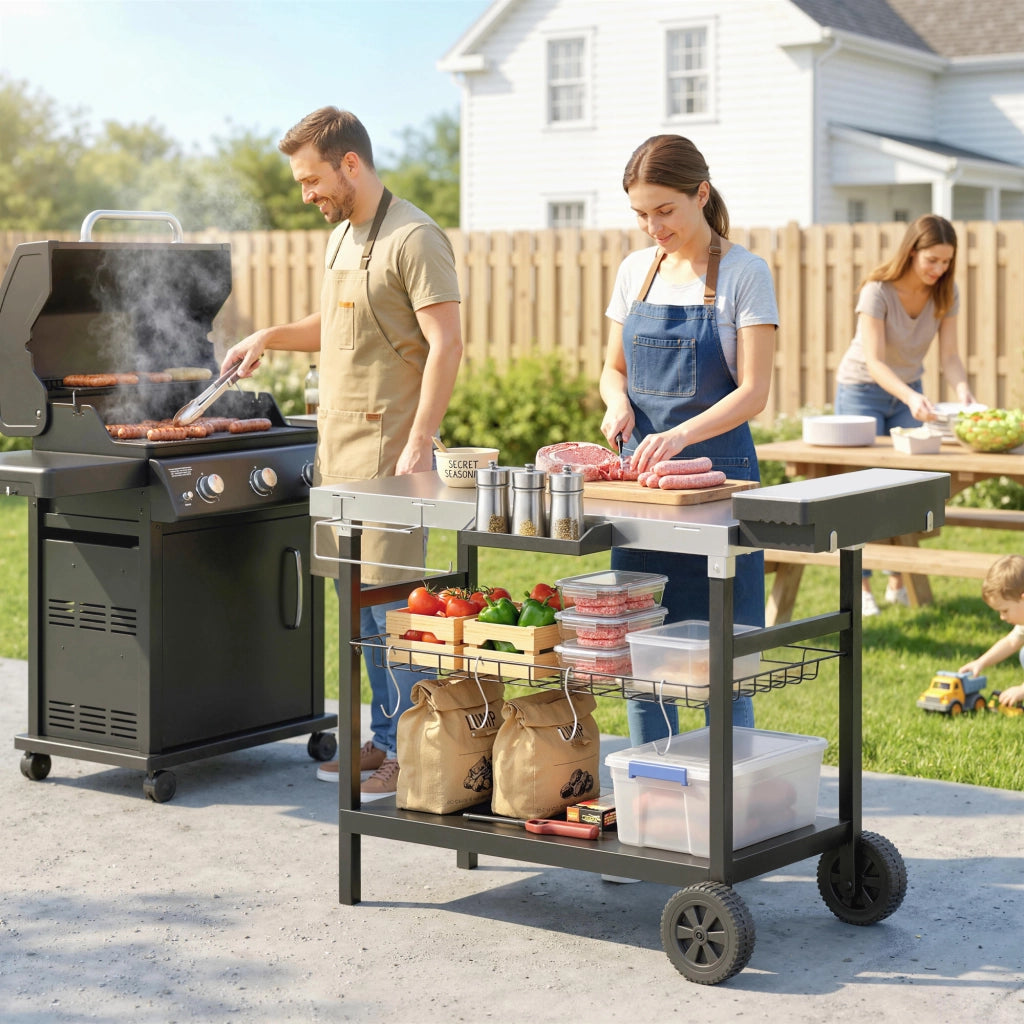 Carrello Barbecue da Esterno per Giardino, Tavolo Cucina con Piano in Acciaio Inox, 3 Ripiani, Ganci e Porta Spezie, Nero, Robusto e Pratico