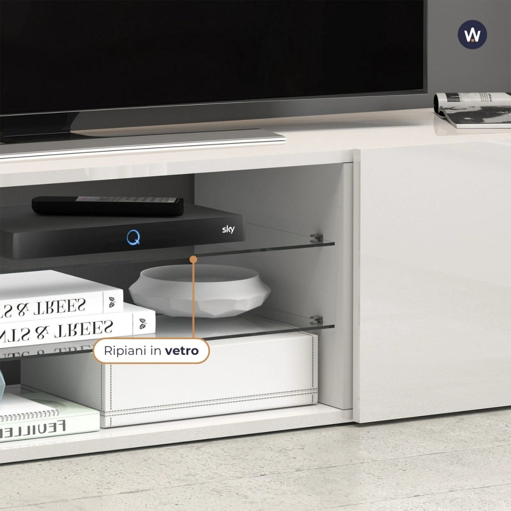 WHOUS Mobile porta tv Egypt a 2 ante e 2 ripiani in vetro bianco lucido 240x38x35 cm