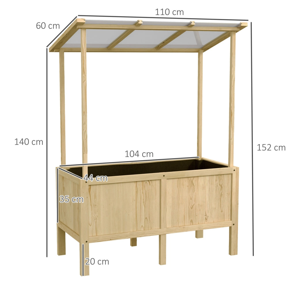 Orto rialzato ULEVR 110x60x152/140 cm in legno di abete con tetto in policarbonato e rivestimento interno
