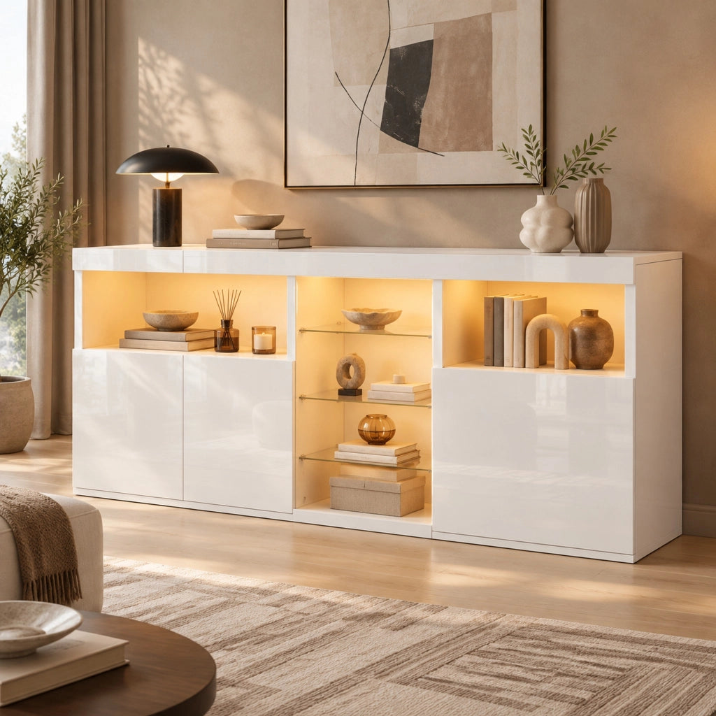 Madia da soggiorno con 3 ante; vano aperto; ripiani in vetro e LED controllati tramite app bianca 155.5 × 35 × 72 cm