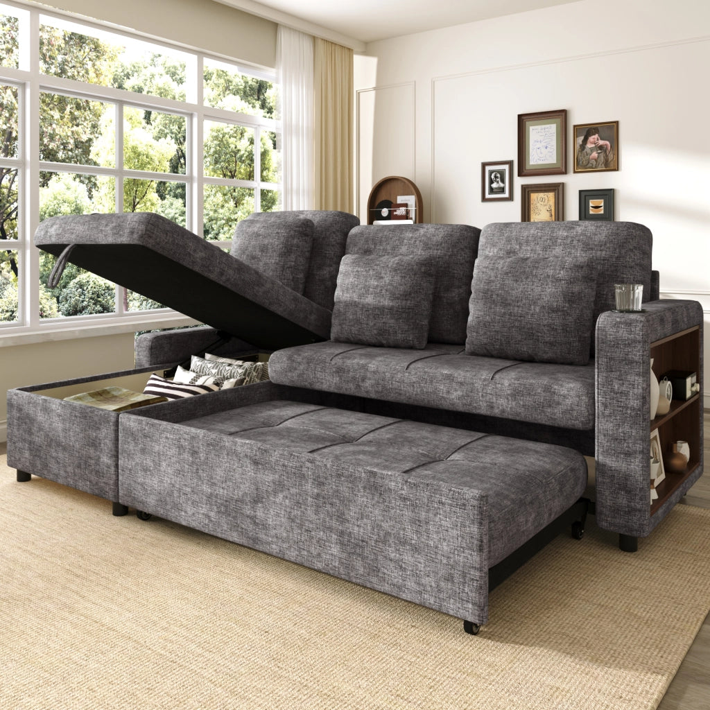 Divano letto 3 posti estraibile con récamiere contenitore portabicchieri tasche laterali in ciniglia grigio 201.3 × 126.1 × 86.1 cm