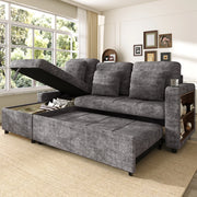 Divano letto 3 posti estraibile con récamiere contenitore portabicchieri tasche laterali in ciniglia grigio 201.3 × 126.1 × 86.1 cm