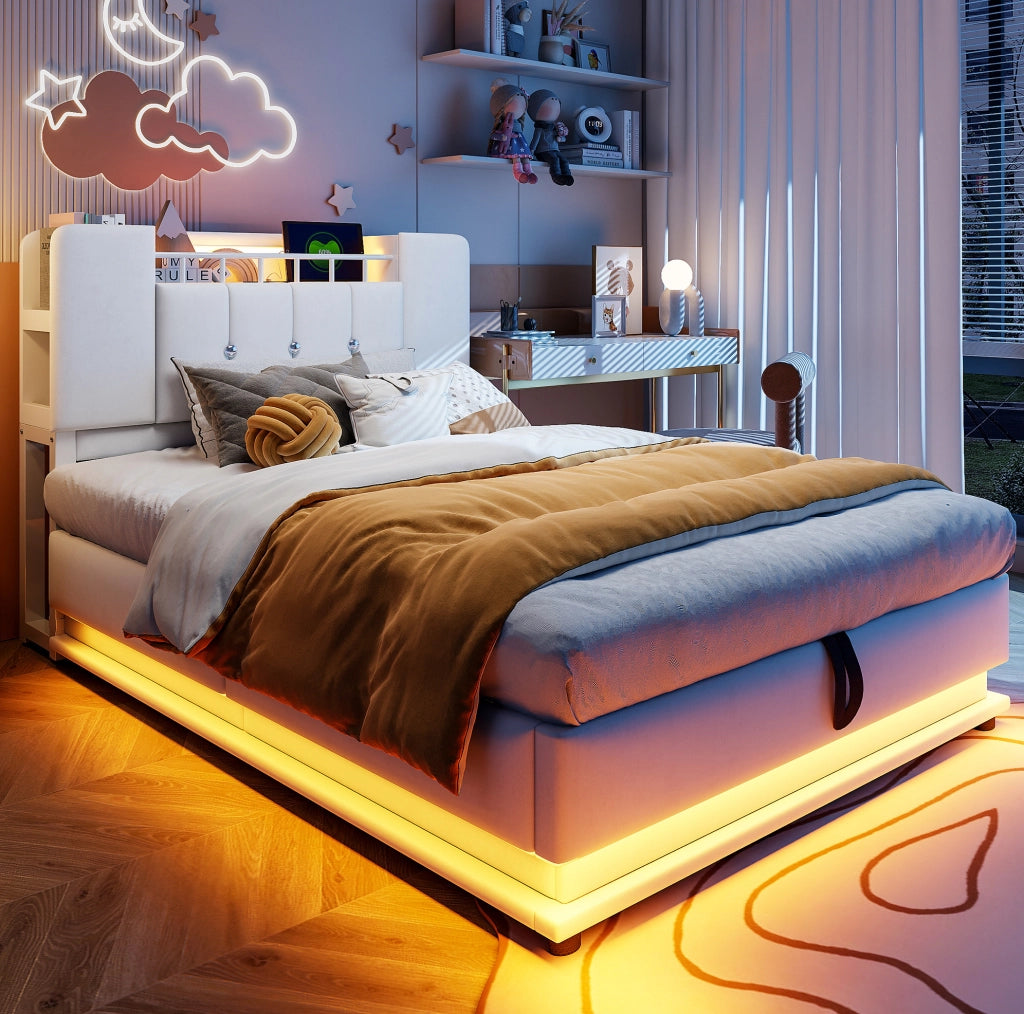 Letto imbottito per bambini 90x200 cm beige con LED, USB e vano contenitore