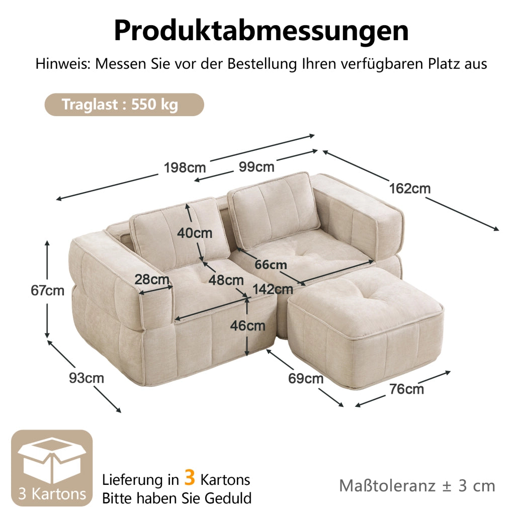 Divano modulare 2 posti con pouf seduta profonda senza struttura base antiscivolo in poliestere beige 198×162×67 cm