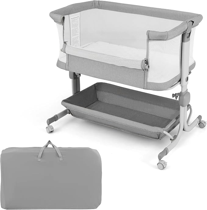 Culla da Affiancare per Neonati, Culla per Bambini con Altezza Regolabile a 6 Livelli, con Mensola Portaoggetti, Materasso e Borsa da Trasporto, per Bambini 0-6 Mesi (Grigio Chiaro)