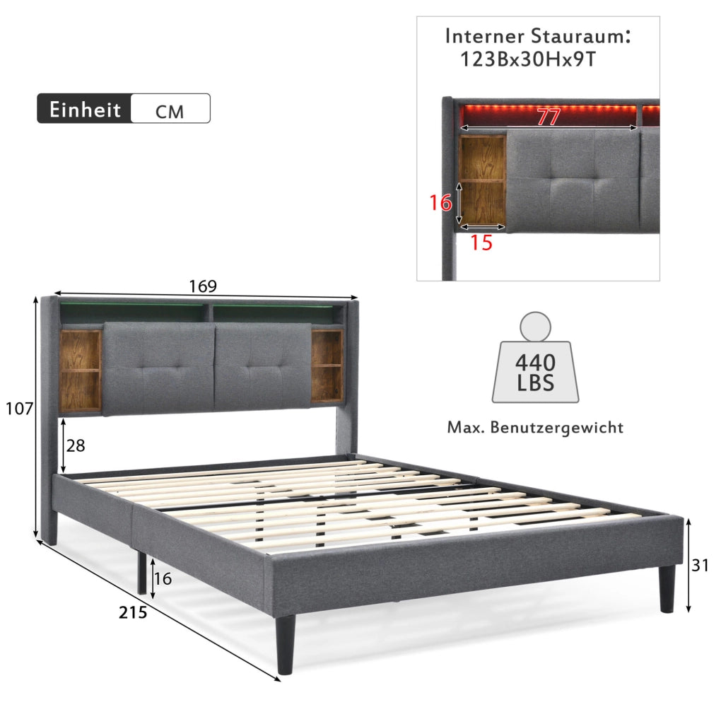 Letto matrimoniale 160x200 cm grigio con testiera contenitore, LED, USB e prese