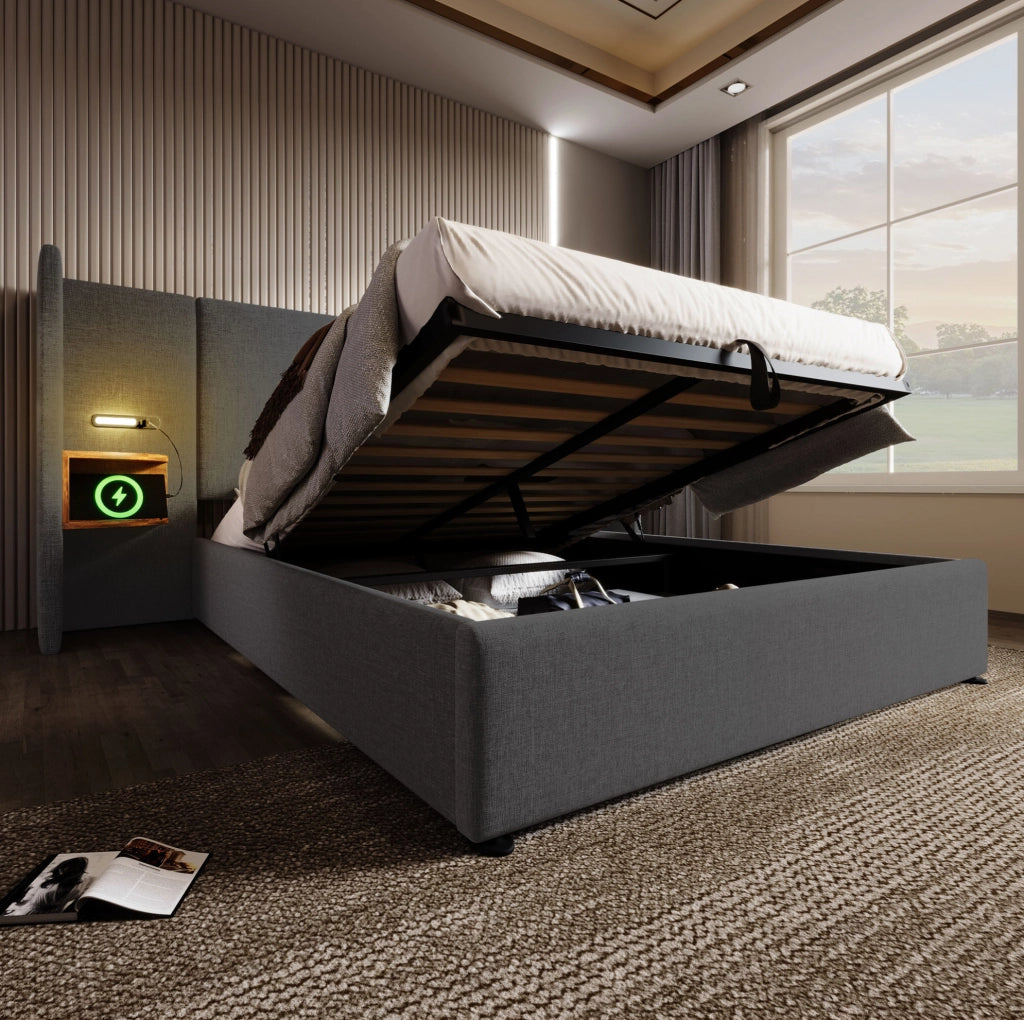 Letto matrimoniale 180x200 grigio con contenitore, luce LED, USB e Type-C