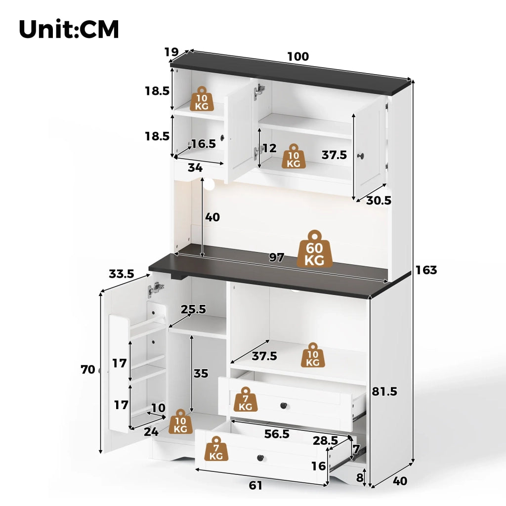 Armadio da cucina alto 100x40x163 cm con illuminazione LED, prese e USB, spazio microonde, ripiani regolabili e portaspezie. Per cucina, sala da pranzo e soggiorno