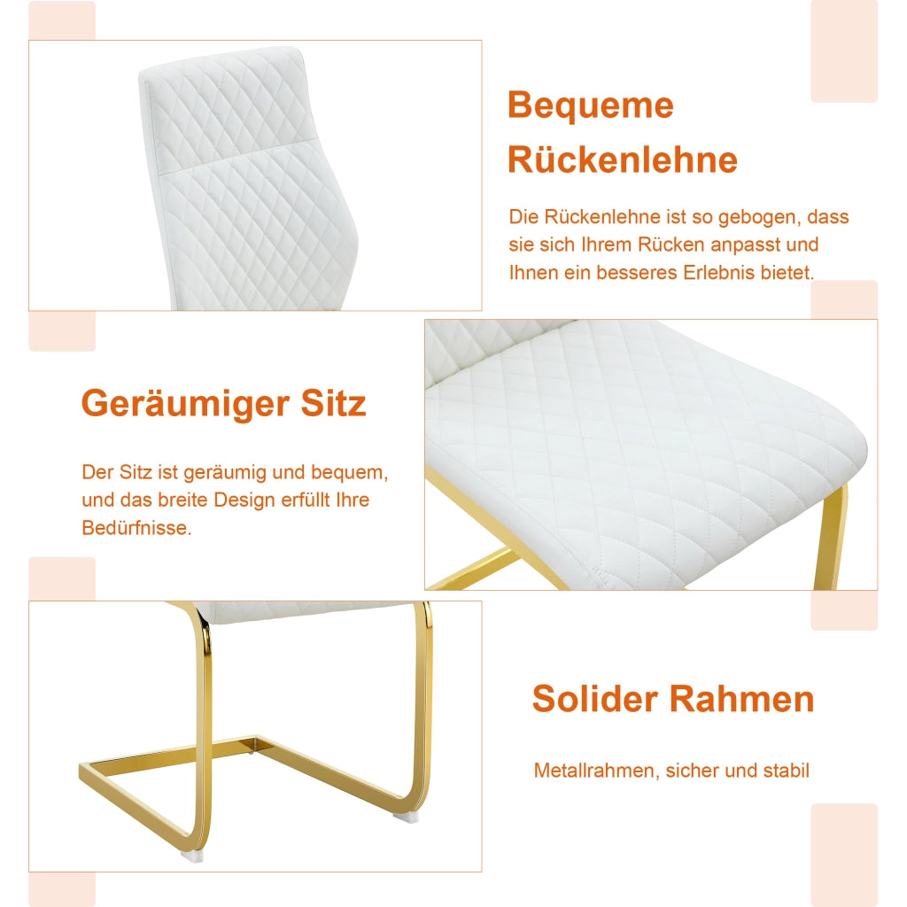 Tavolo da pranzo rotondo con 2 sedie, piano in MDF, base in metallo oro, sedute bianche con motivo a rombi, 60 cm