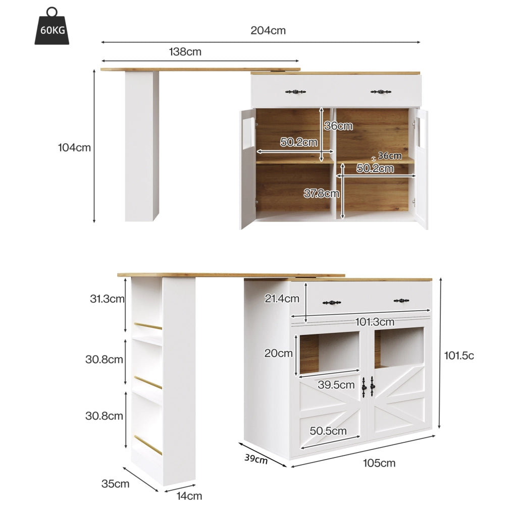 Tavolo bar allungabile girevole 360° con spazio contenitivo, 138-204 x 39 x 104 cm, bianco
