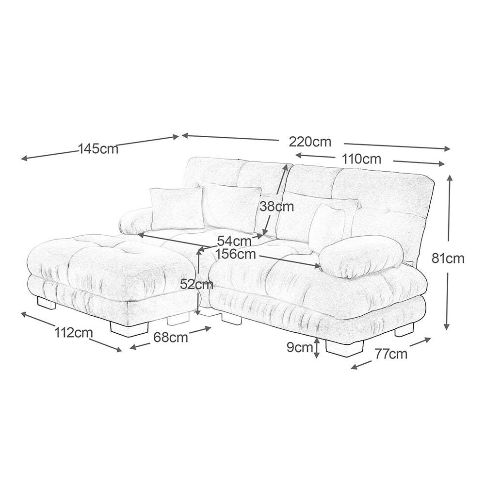 Divano angolare Cloud - Xylo - 2 posti in chenille con ampi braccioli e pouf, grigio