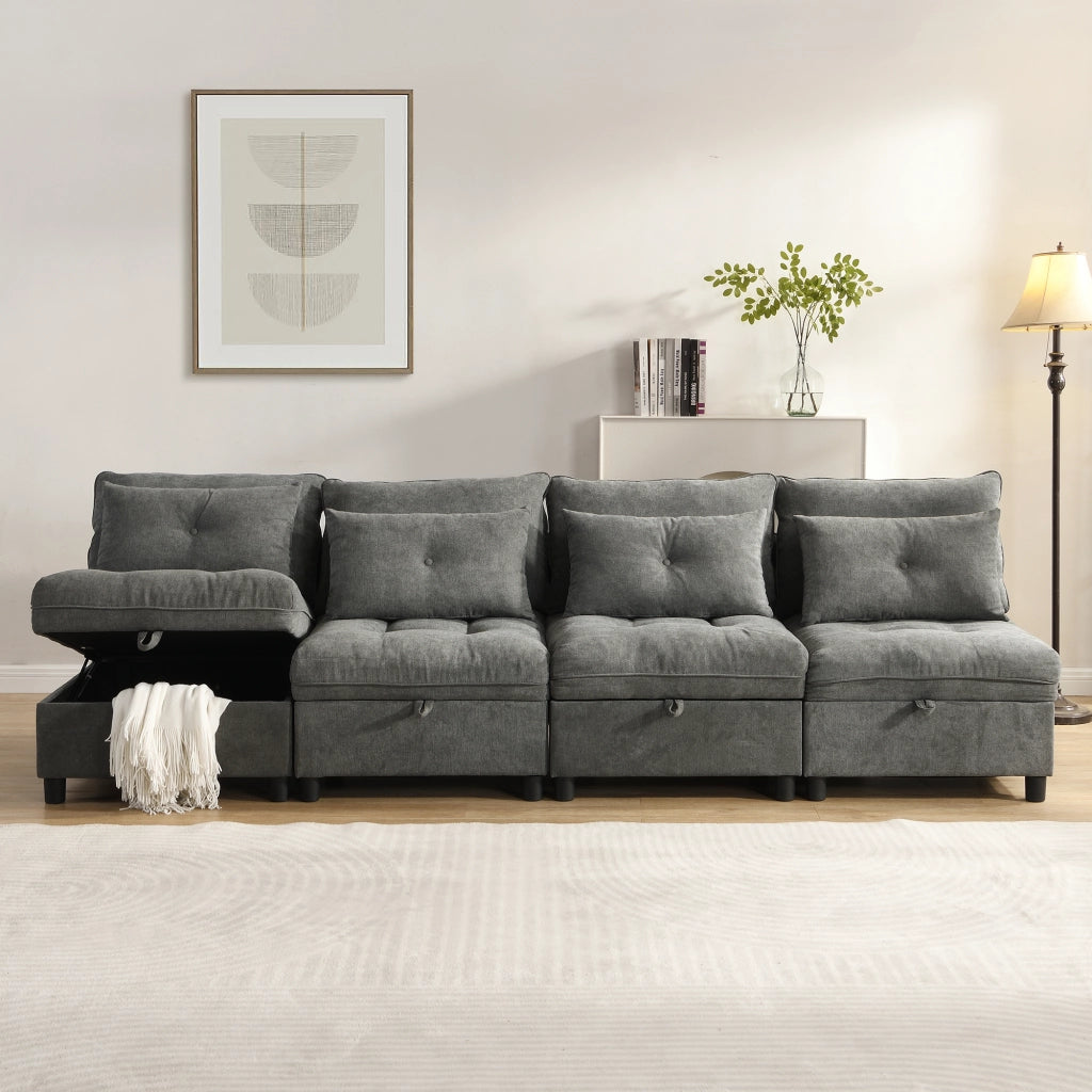 Divano modulare 4 posti con contenitore, funzione letto e rivestimento in chenille, Grigio Antico