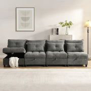 Divano modulare 4 posti con contenitore, funzione letto e rivestimento in chenille, Grigio Antico