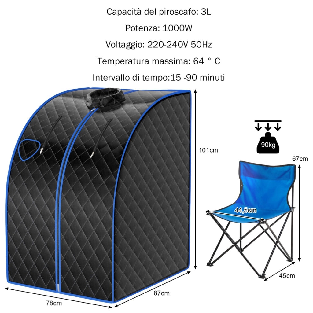 Sauna a vapore portatile timer e temperatura regolabili, Sauna pieghevole 3 L con telecomando Nero-Massaggiatori