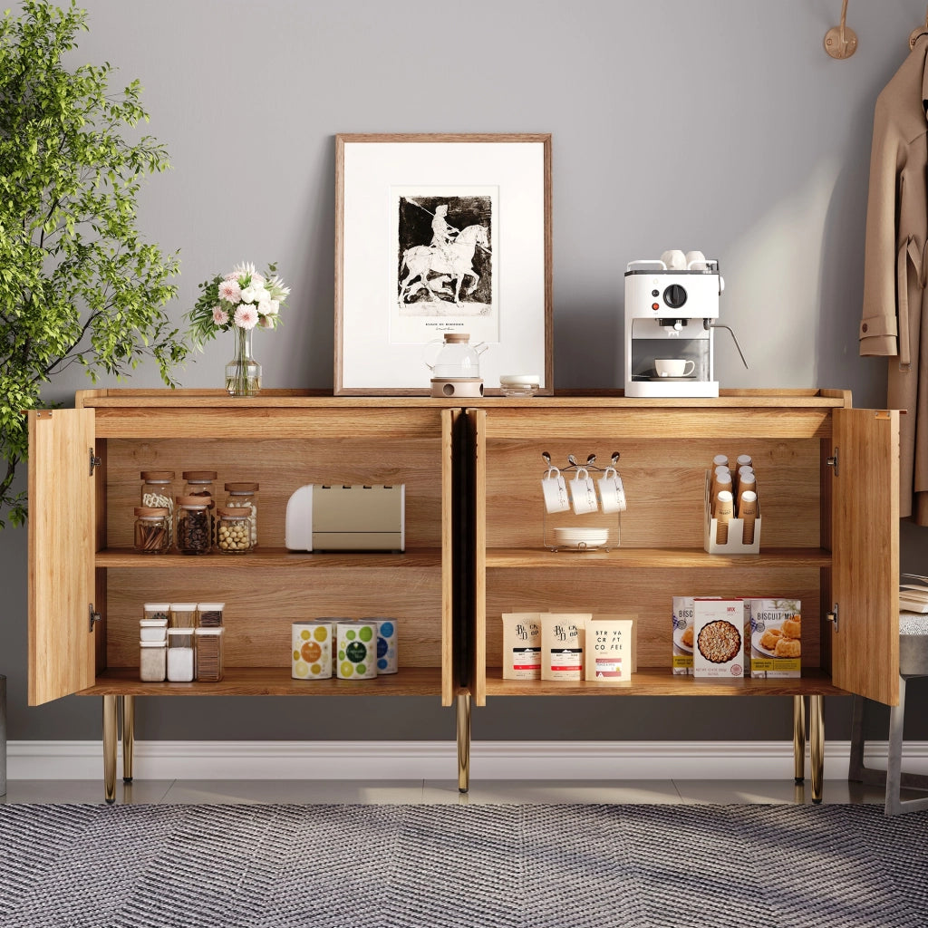 Madia a 4 ante con ripiani regolabili in MDF naturale e gambe in ferro dorato per soggiorno 140 × 38 × 75 cm