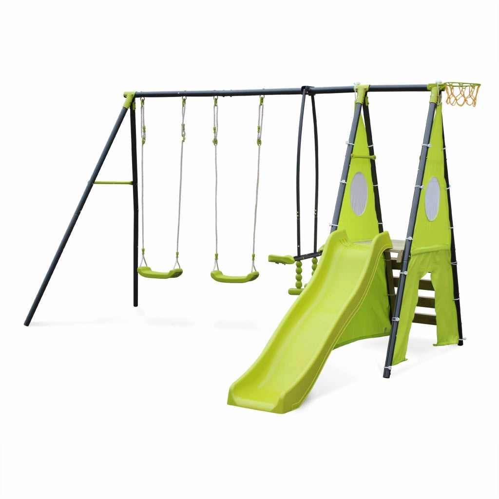Altalena da giardino con scivolo e canestro, 6 posti, verde