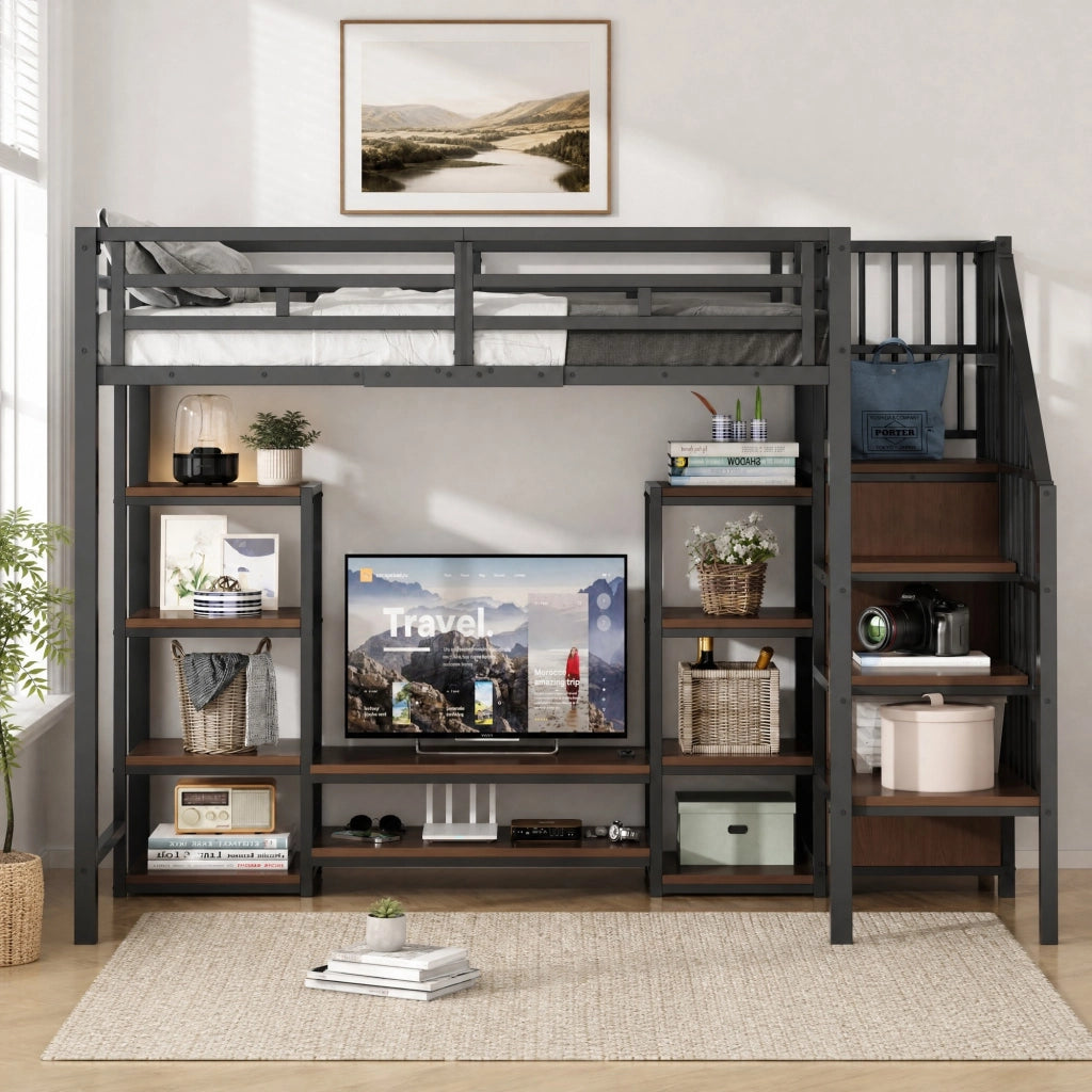 Letto a soppalco 90x200 cm nero con supporto TV e presa