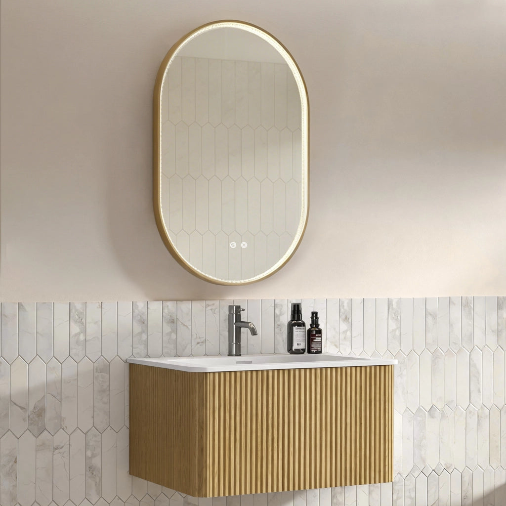 Set mobile bagno sospeso con lavabo integrato e specchio LED ovale