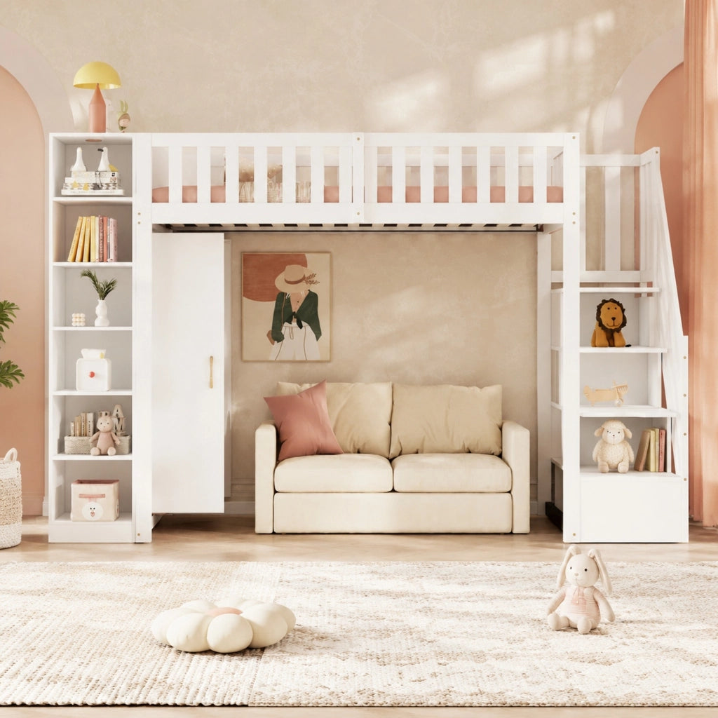 Letto a soppalco 90x200 cm con guardaroba; ripiani e scala con cassetti