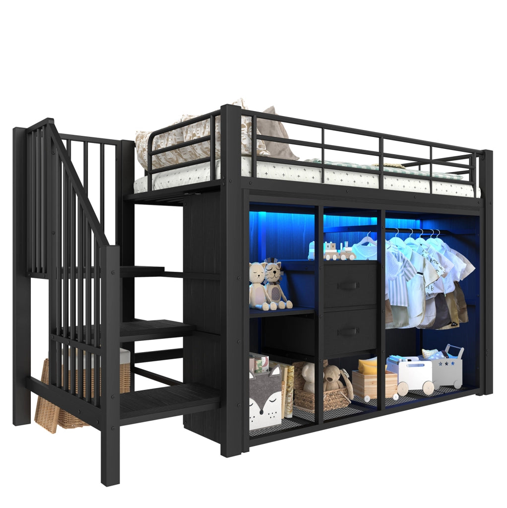 LETTO a soppalco 90x200 cm Nero con 2 cassetti, armadio aperto, LED
