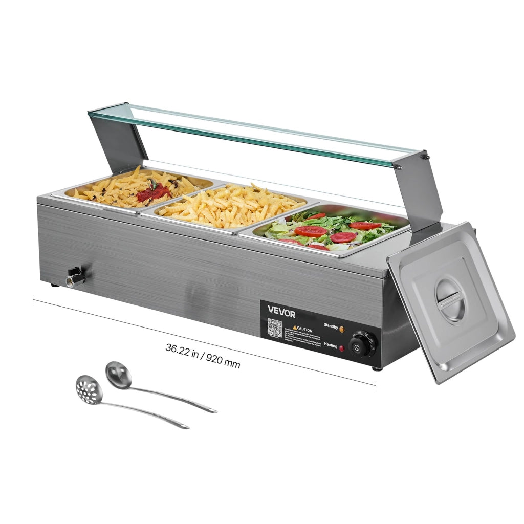 Scaldavivande elettrico a buffet M-2213 in acciaio inox, 3 contenitori 1/2, 1500 W, con coperchio in vetro, pratico e robusto per catering e feste