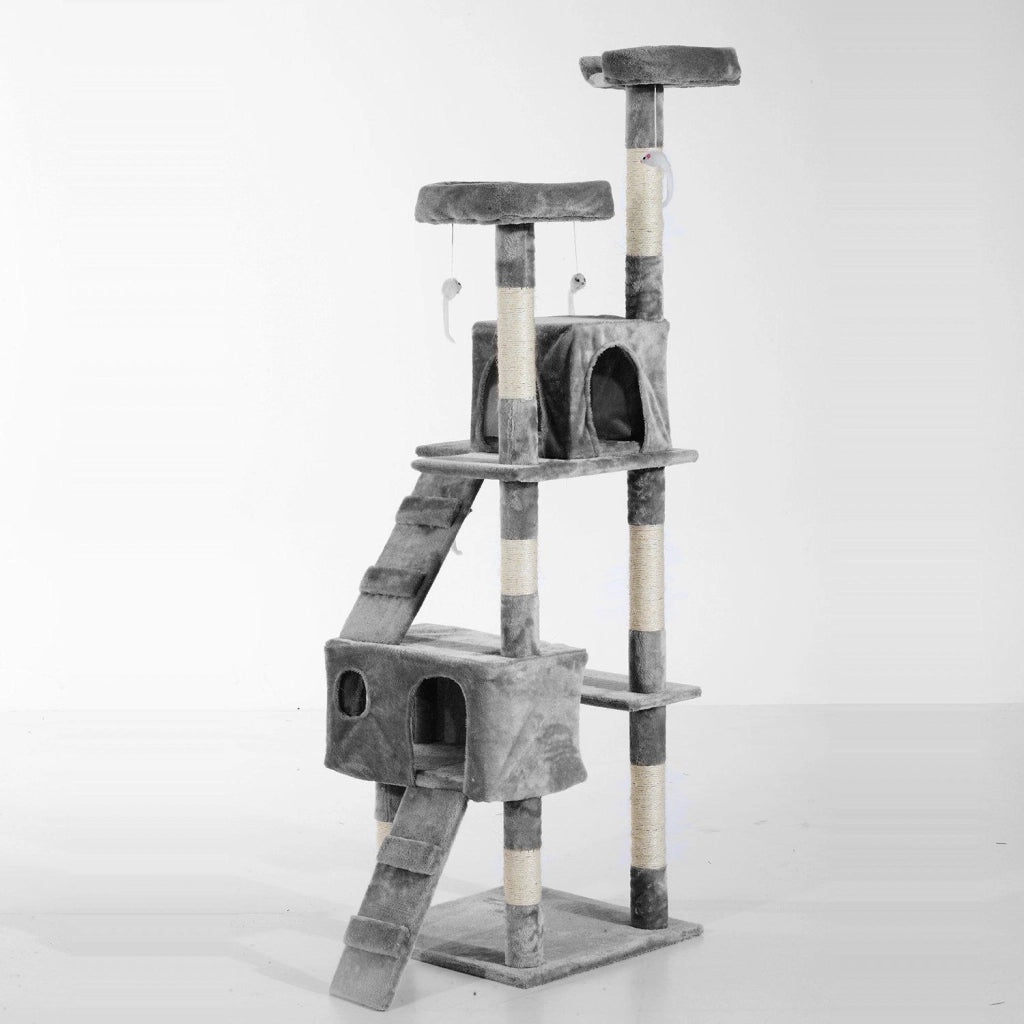 Albero Tiragraffi per Gatti con Due Cucce in Peluche e Sisal Grigio 50x50x170 cm