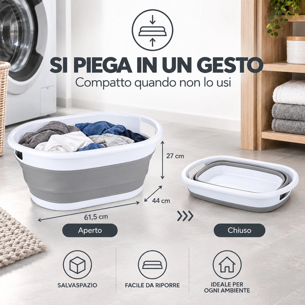 Cesto Portabiancheria Pieghevole in Silicone 38L con Maniglie Porta Biancheria 61.5x44x27cm