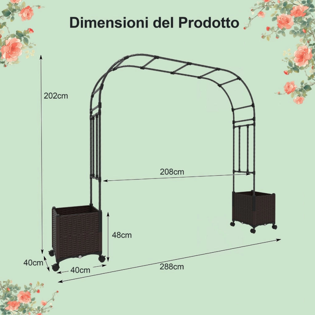 Arco da giardino 288 cm con 2 fioriere-Arco decorativo per piante rampicanti con sistema di autoirrigazione Nero + Marrone