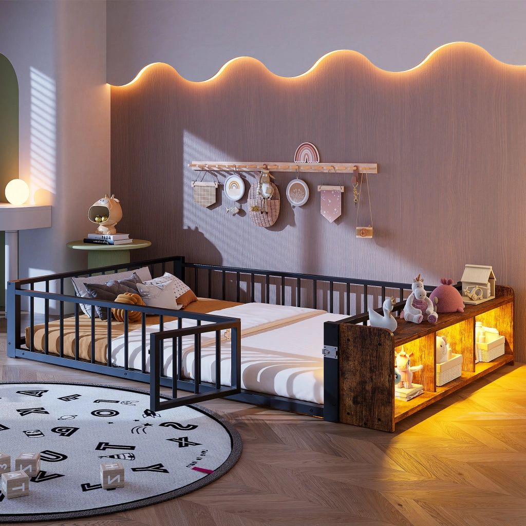 Letto in metallo con cassetti LED 140x200 MDF nero e metallo
