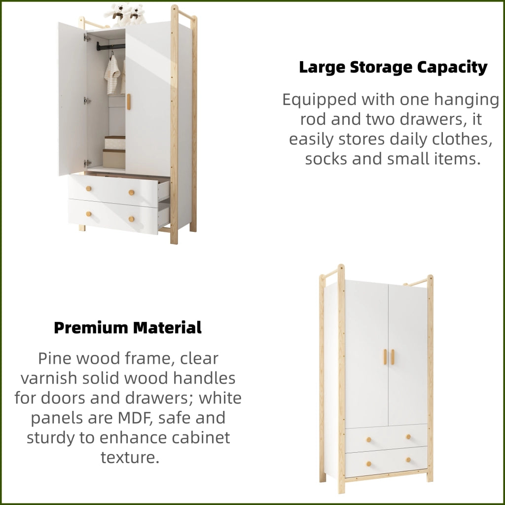 Armadio a 2 ante con appendiabiti e 2 cassetti per camera da letto bianco e legno 90 × 45 × 180 cm