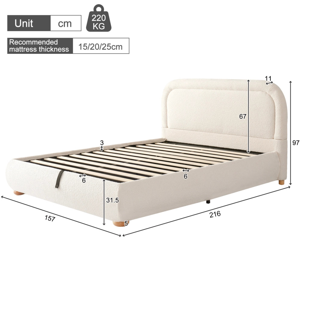 Letto imbottito con contenitore idraulico e rete a doghe; bouclé beige; 216 × 157 × 97 cm