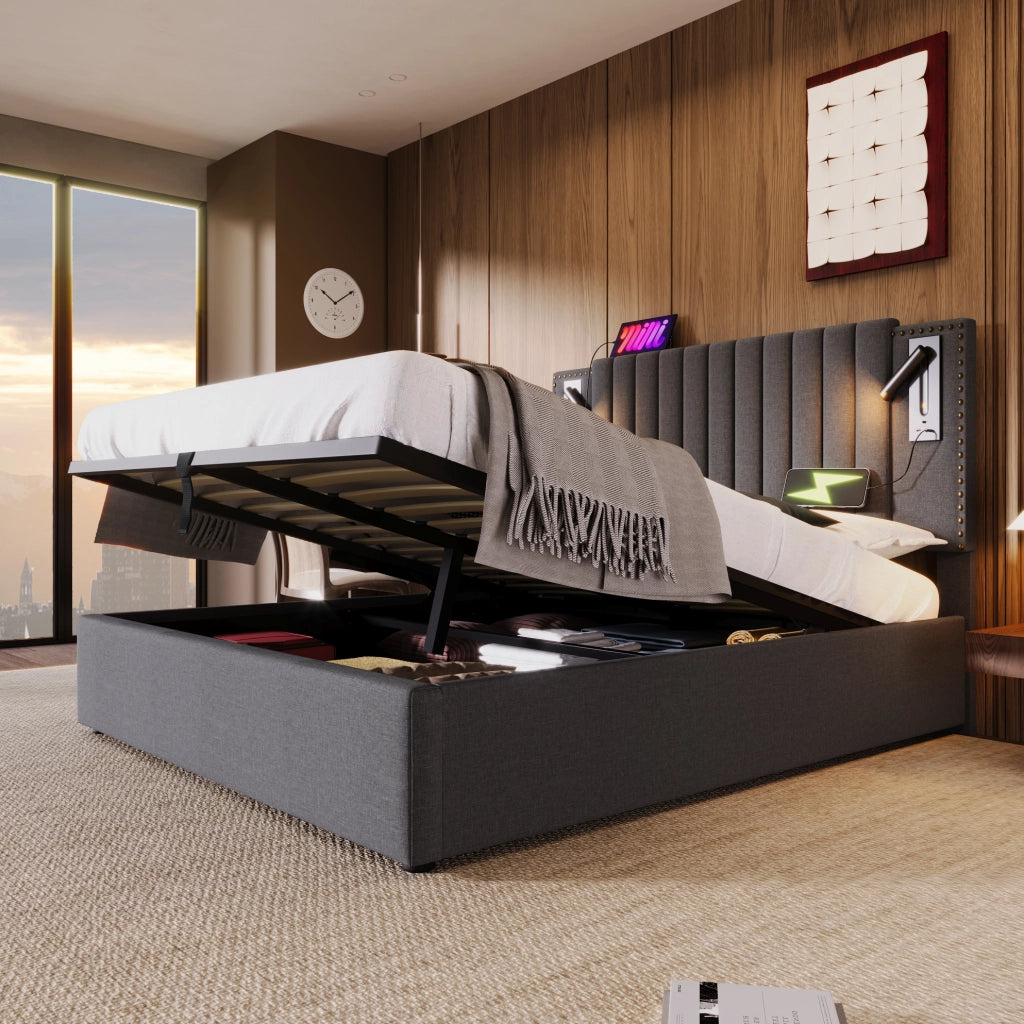 Letto matrimoniale contenitore 140 × 200 cm grigio; testiera regolabile con luci e USB/Type-C