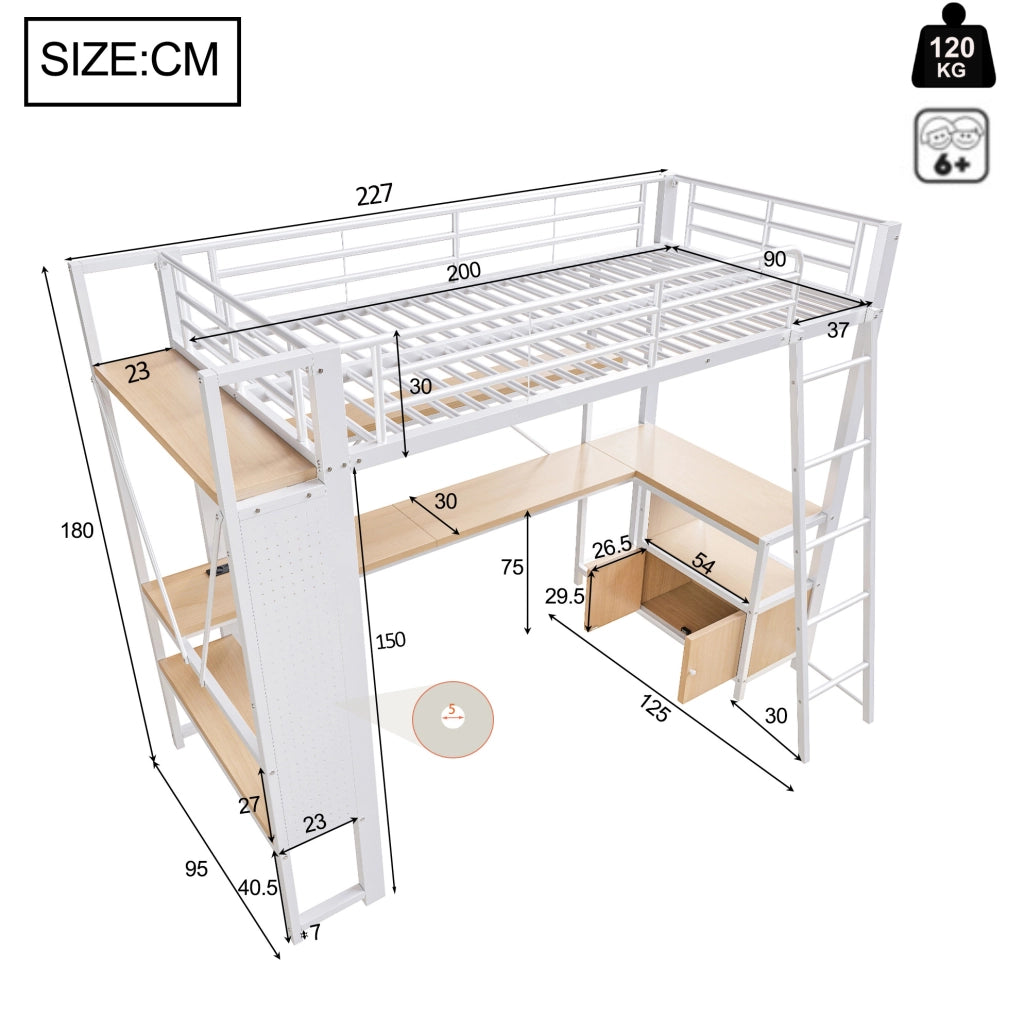 Letto a soppalco 90x200 cm con scrivania, LED e USB bianco HAVRYA