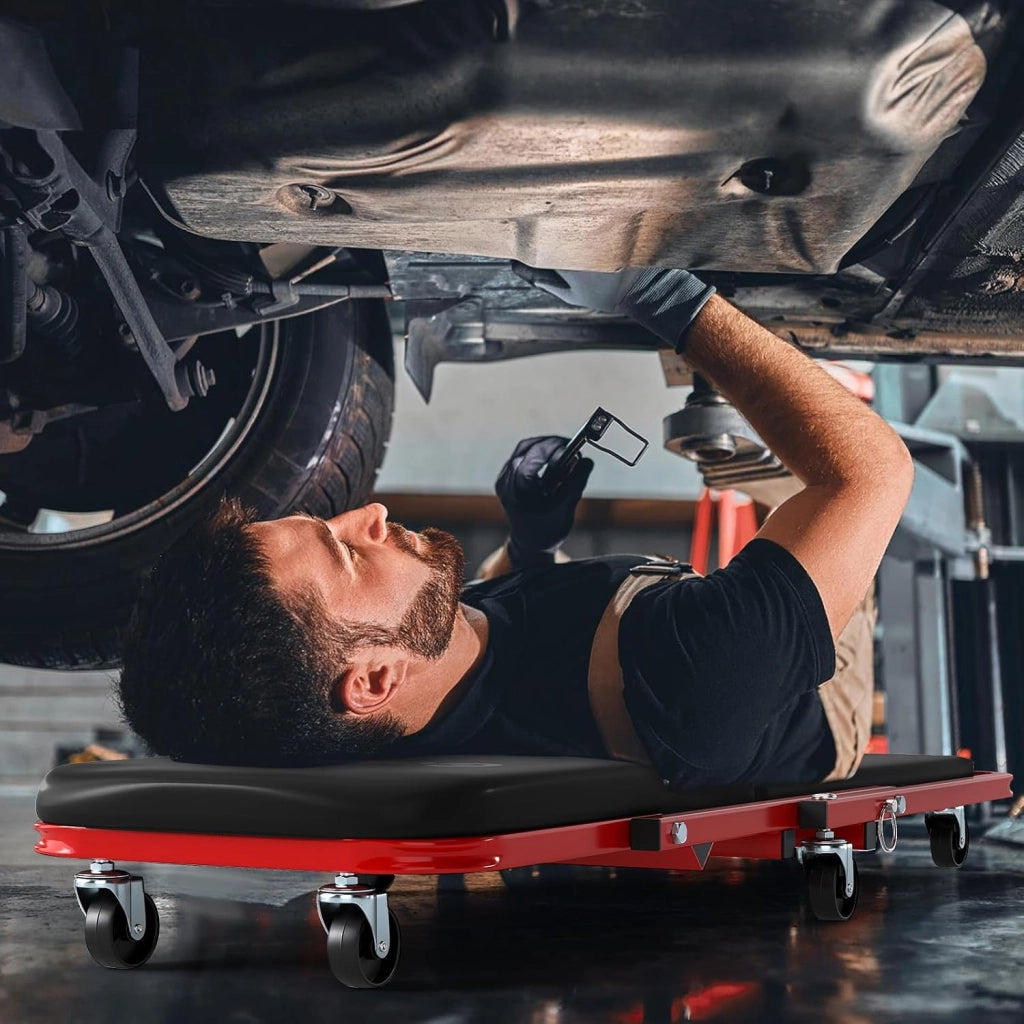 2 in 1 Sgabello da Officina a Forma di Z, Carrello Meccanico sotto Auto con Sedile Imbottito e Ruote Girevoli a 360°, Portata 150 kg, per Garage e Officina (Nero)