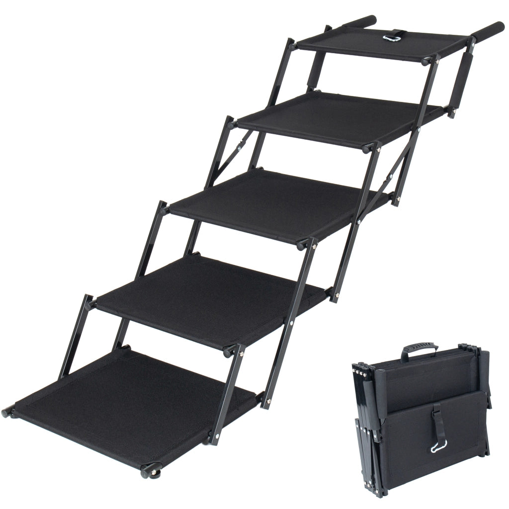 Rampa per cani extra larga, 5 gradini, pieghevole, superficie antiscivolo, manico in schiuma morbida, portata 110 kg, per auto, letti alti e furgoni