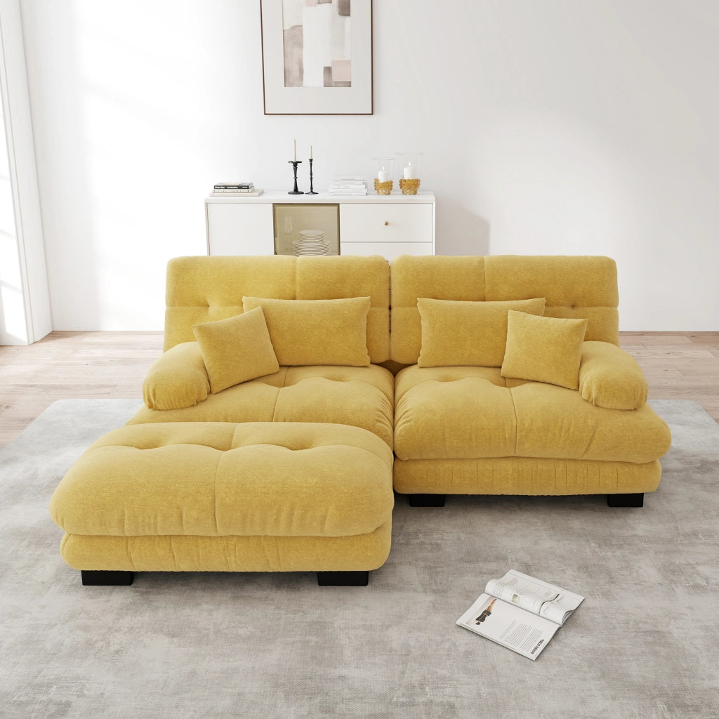 Divano Angolare con Ottoman ¨C MINIMAL ¨C Chenille, Giallo, Braccioli Larghi
