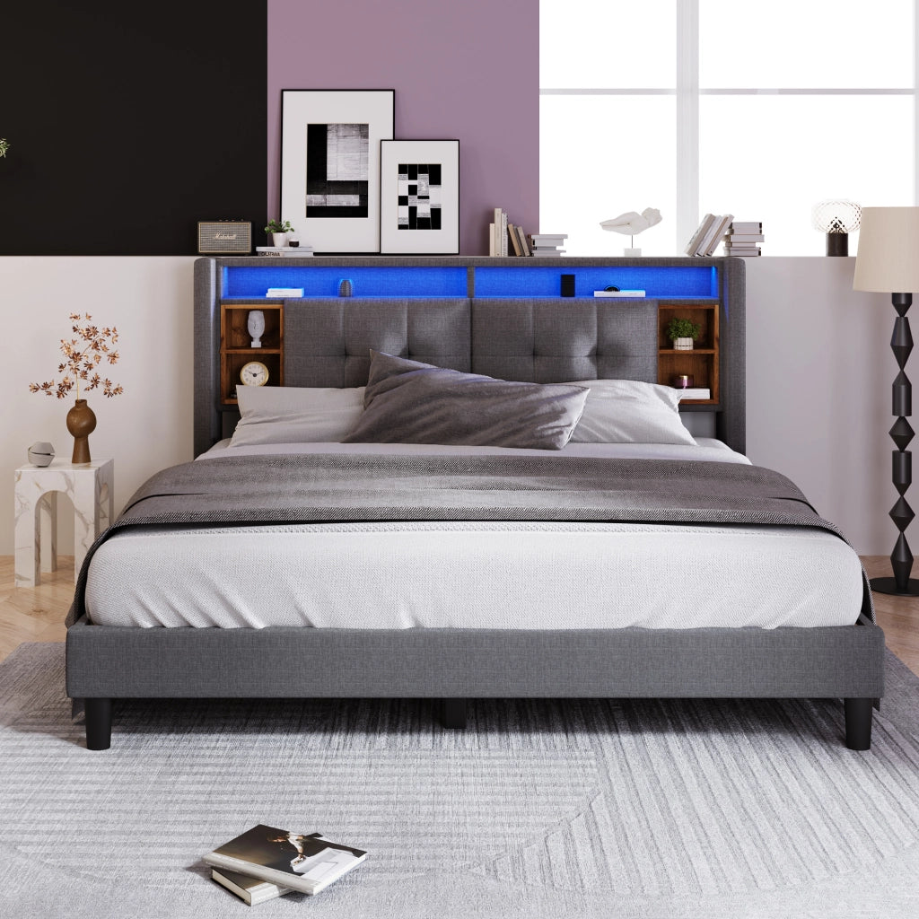 Letto matrimoniale imbottito con contenitore, testiera con USB e illuminazione LED, struttura in legno massello 140x200 cm grigio (senza materasso)