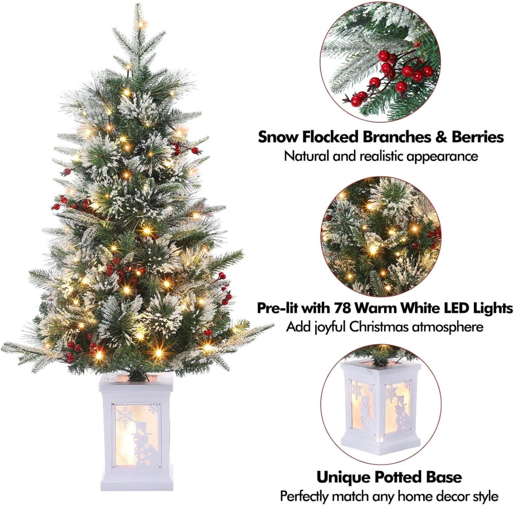Set 2 Alberi di Natale Innevati 90cm con 78 LED Bianco Caldo Timer e Base Bianca da Banco