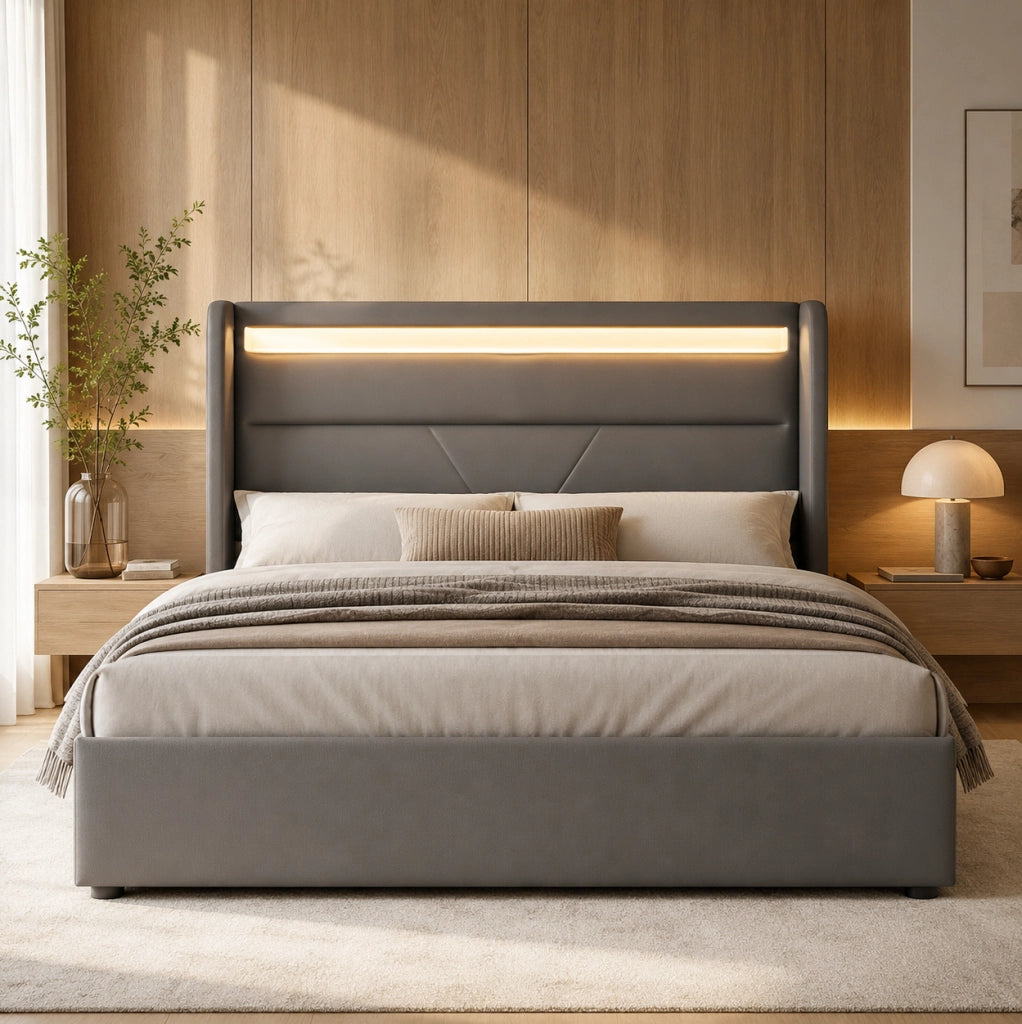 Letto contenitore imbottito 140x200 cm grigio in PU con LED e telecomando