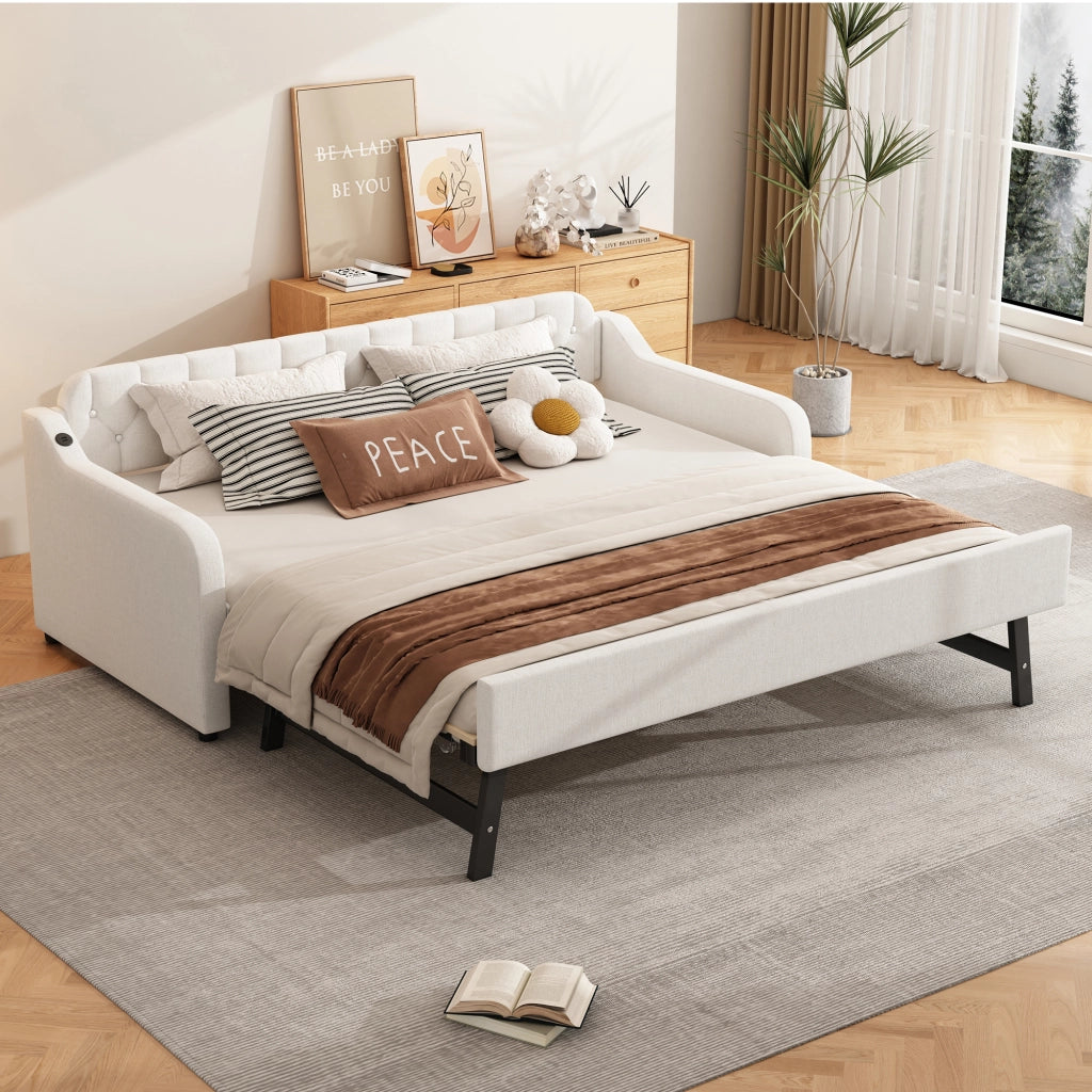 Divano letto estraibile 90x200 cm con USB; 10 doghe; in lino beige e MDF
