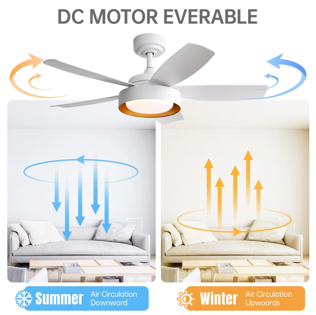 Ventilatore da soffitto 42" con luce LED dimmerabile 22W e telecomando, motore DC reversibile, bianco per camera da letto