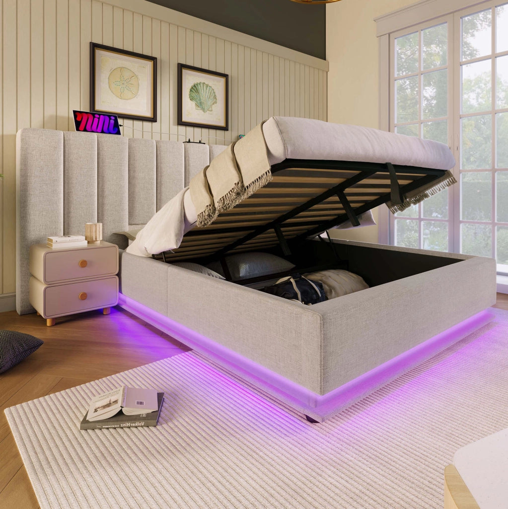Letto contenitore 180 × 200 cm con LED; 3 USB e Type-C; lino beige